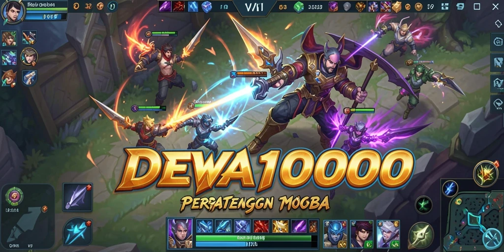 Tampilan gameplay intens dalam DEWA1000 di arena MOBA.