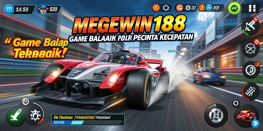 Screenshot MEGEWIN188 menampilkan mobil balap yang melaju kencang di lintasan.