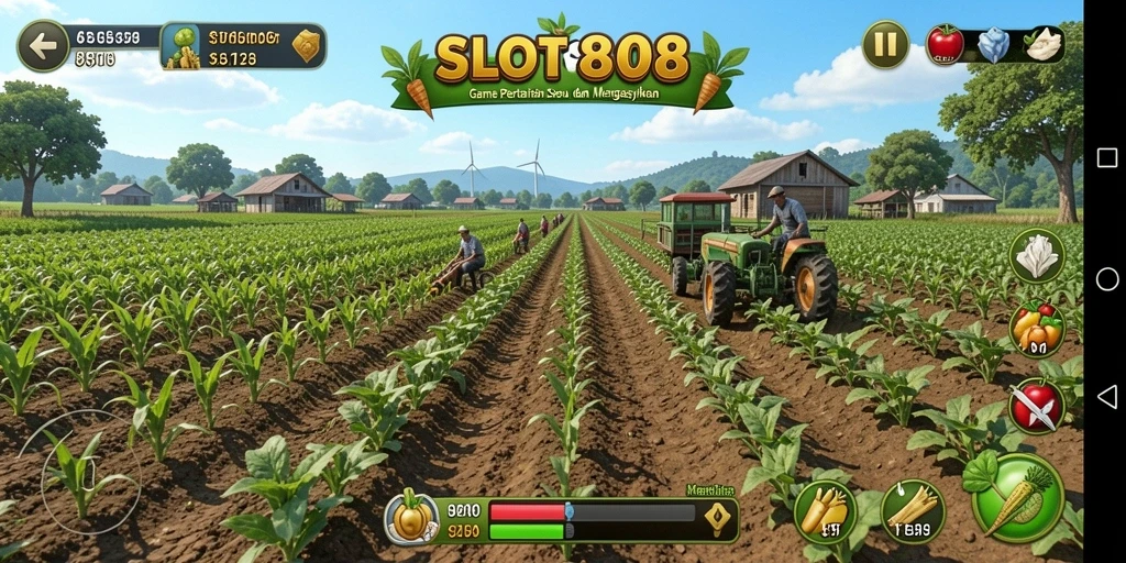Screenshot utama SLOT8808 menampilkan aktivitas bertani yang seru.